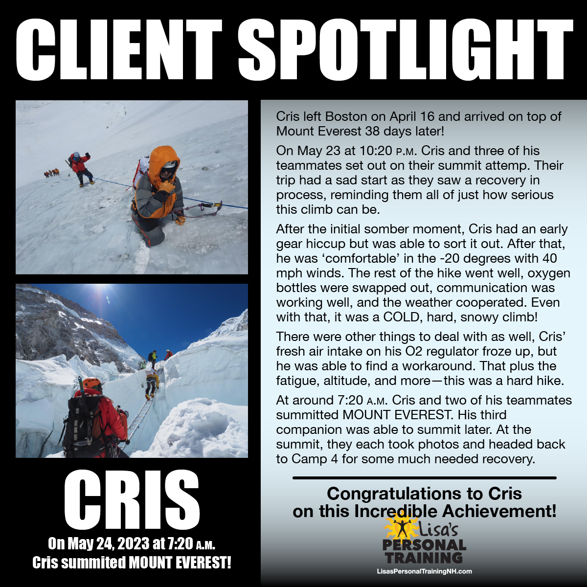 Cris Climbs Mount Everest